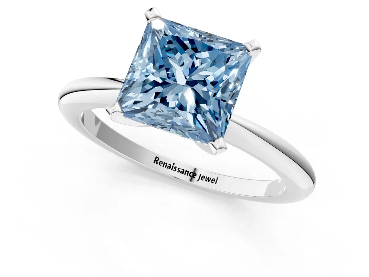Fancy Blue Princess Cut Diamond Solitaire Ring with Six-Prong Setting and Classic Band Silver