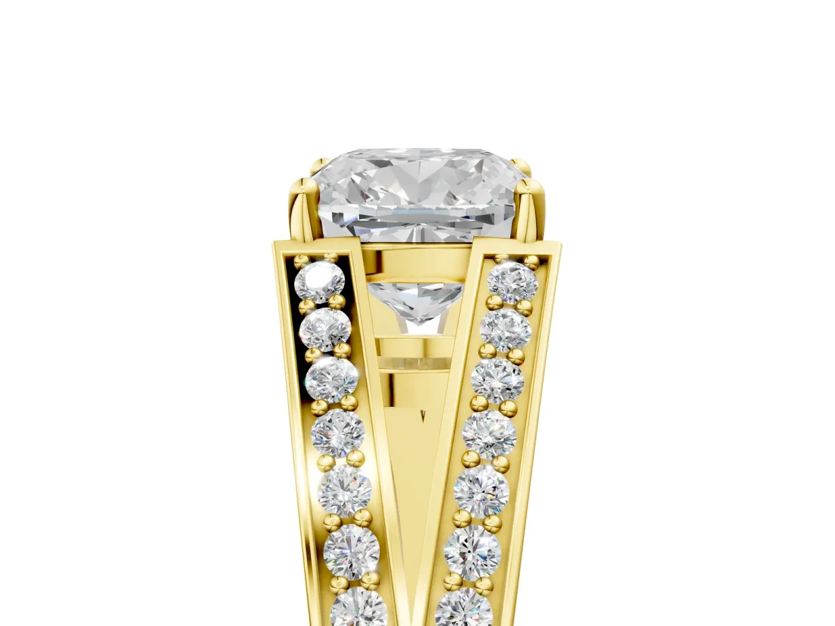 Cushion Cut Diamond Split Shank Ring with Pavé Band and Four-Prong Setting Yellow gold