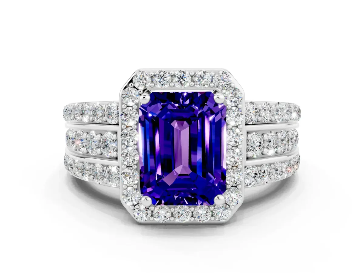 Emerald Cut Halo Tanzanite Ring with Round Split Shank and Prong Setting White gold