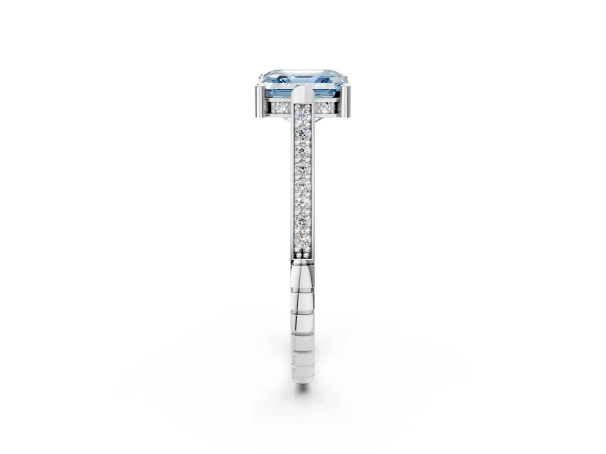 Fancy Blue Asscher Cut Solitaire Diamond Ring with Channel Set Band and Bezel Prong Setting Platinum