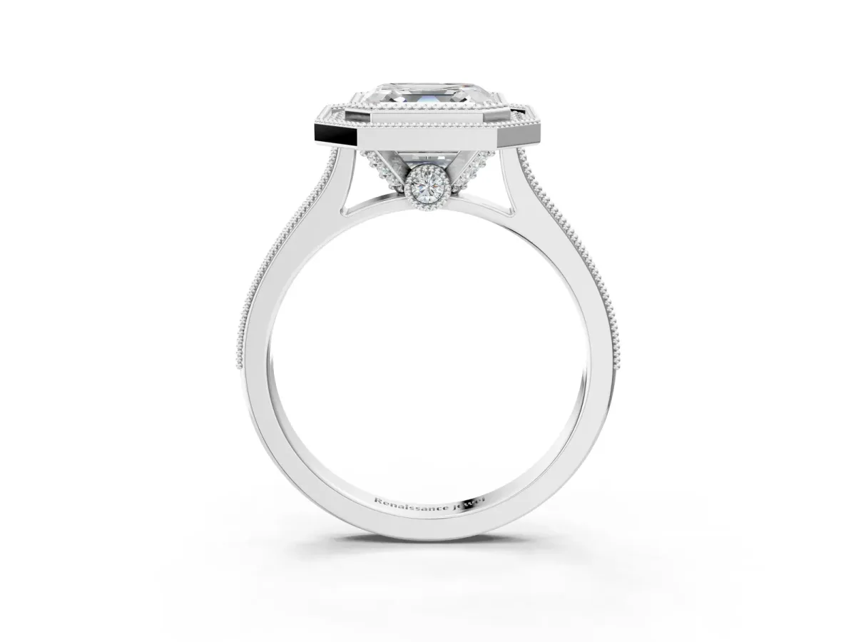 Halo Asscher Cut-Cut Diamond Pave Band Milgrain Prong Setting Ring Platinum