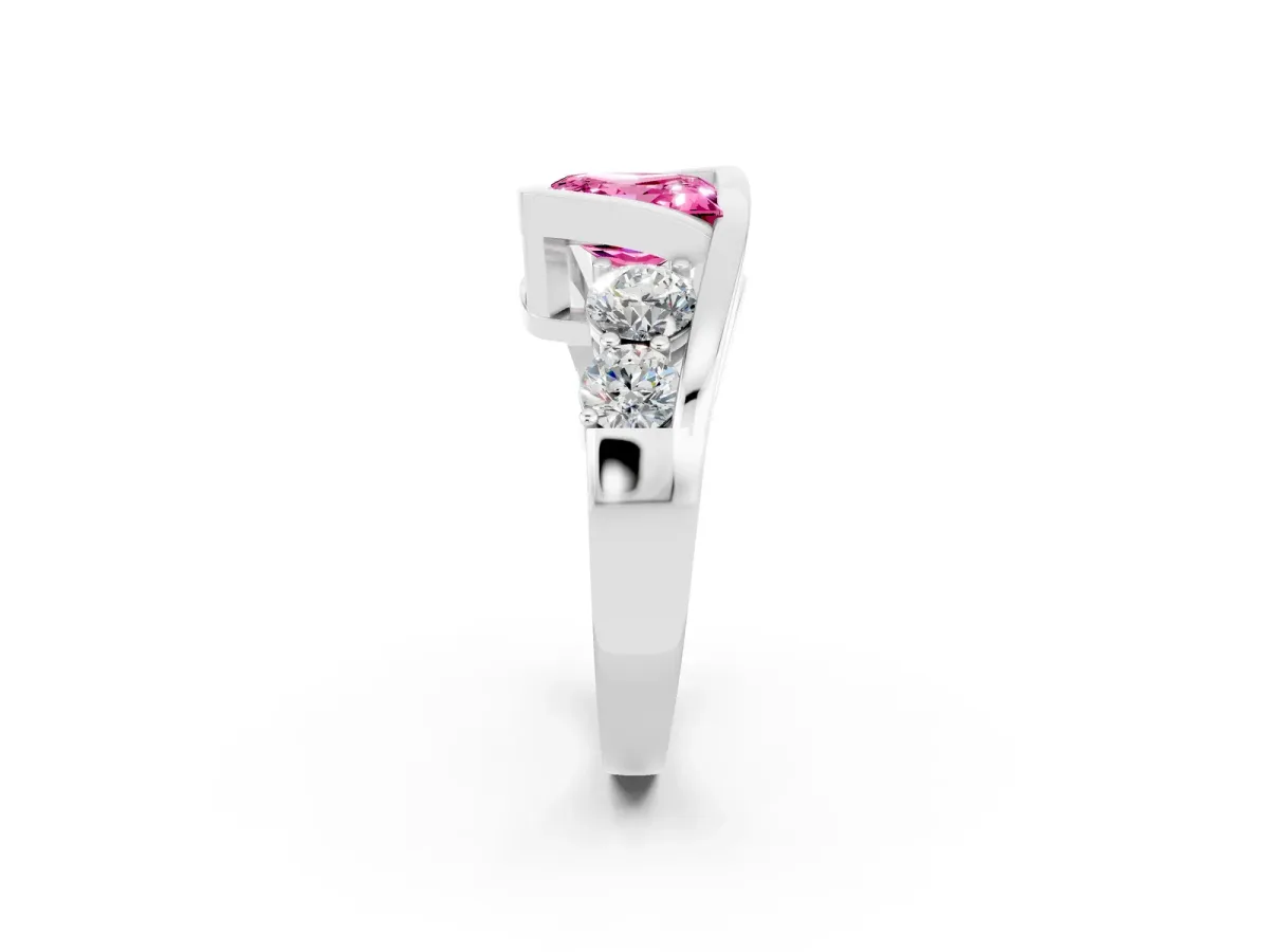 Bezel Set Princess Cut Pink Sapphire Bypass Ring with Round Accents Silver