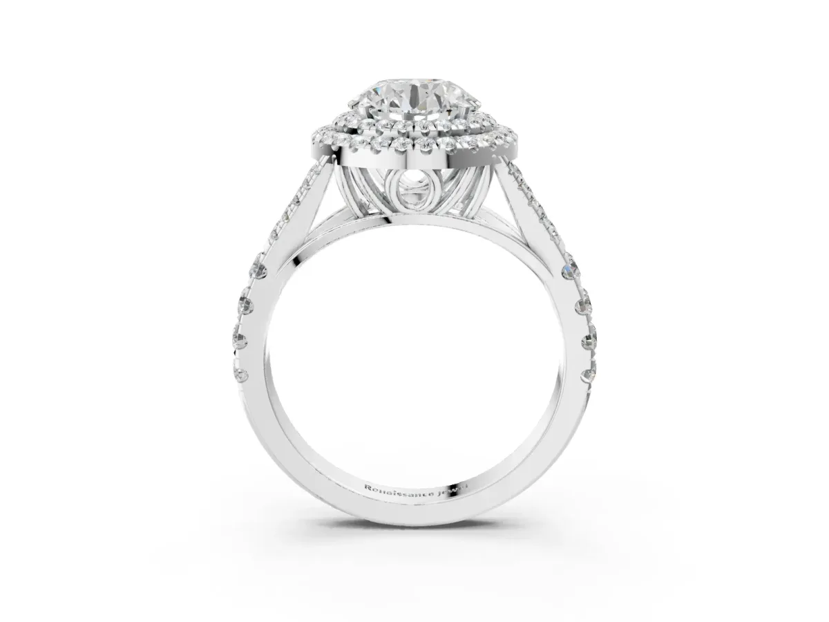 Round Cut Diamond Double Halo Ring with Split Shank and Prong Setting Platinum