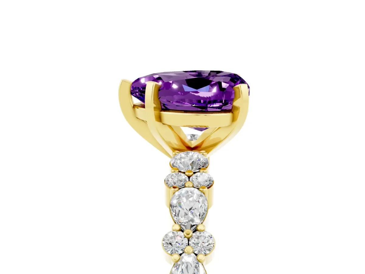 Heart Cut Amethyst Side Stone Solitaire Ring with Round and Four-Prong Setting Yellow gold
