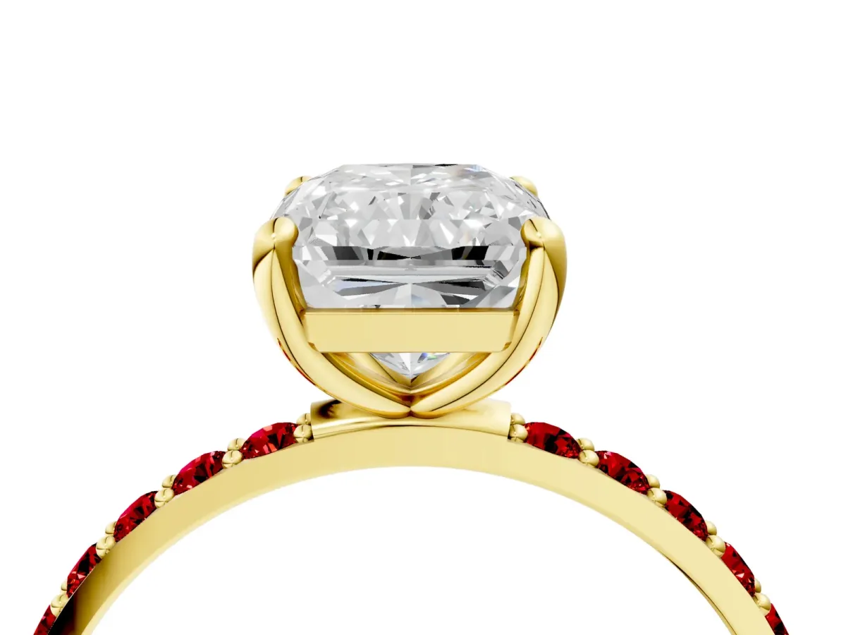 Radiant Cut Diamond Solitaire Ring with Round Ruby Pavé Band and Prong Setting Yellow gold