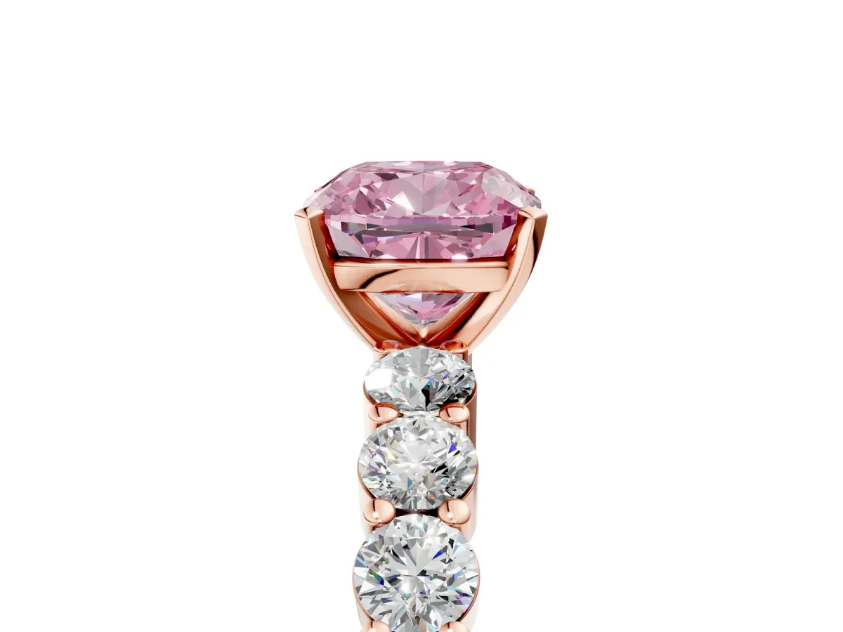 Fancy Pink Cushion Cut Diamond Solitaire Ring with Shared Prong Round Side Stones Rose gold