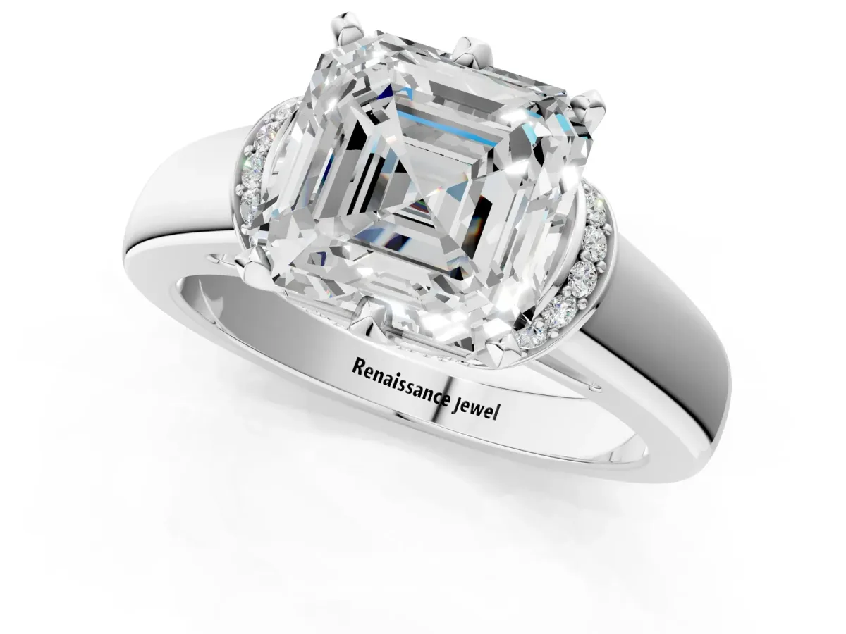 Asscher Cut Solitaire Diamond Ring with Pave Band and Six-Prong Setting White gold