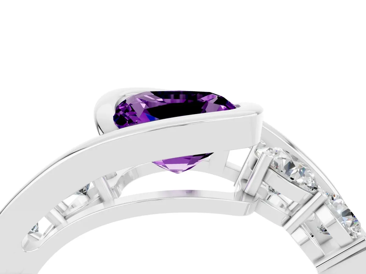Bezel Set Cushion Cut Amethyst Bypass Ring with Round Accents Silver