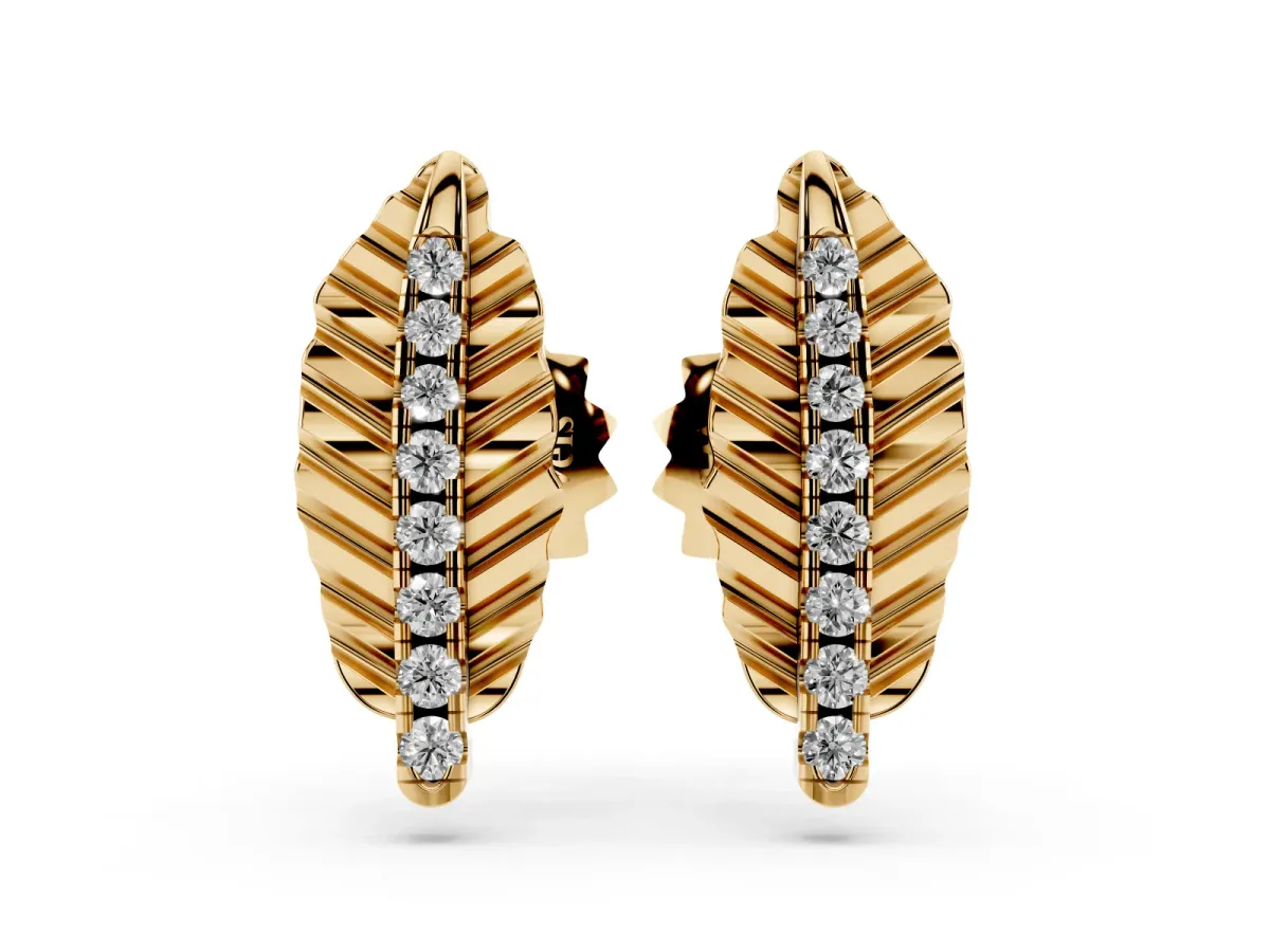 Round Diamond Leaf Stud Earrings Yellow gold