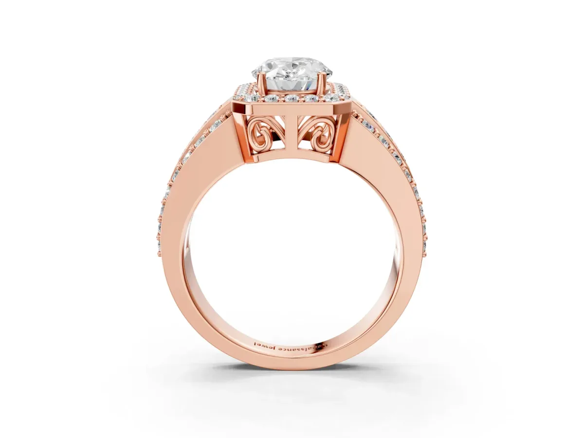 Oval Cut Halo Diamond Ring with Round Split Shank and Prong Setting Rose gold