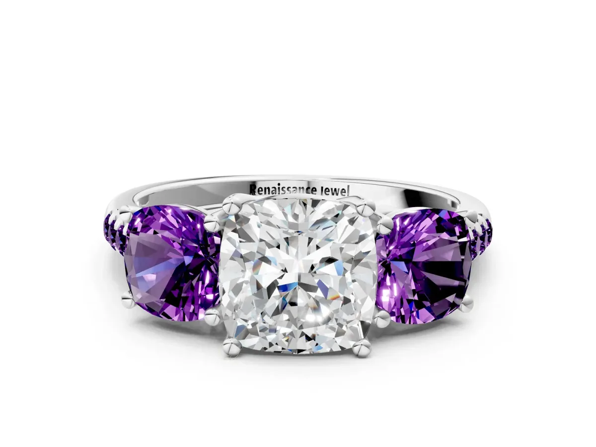 Three-Stone Cushion Cut Diamond Ring with Round Amethyst Pavé Band and Prong Setting Silver