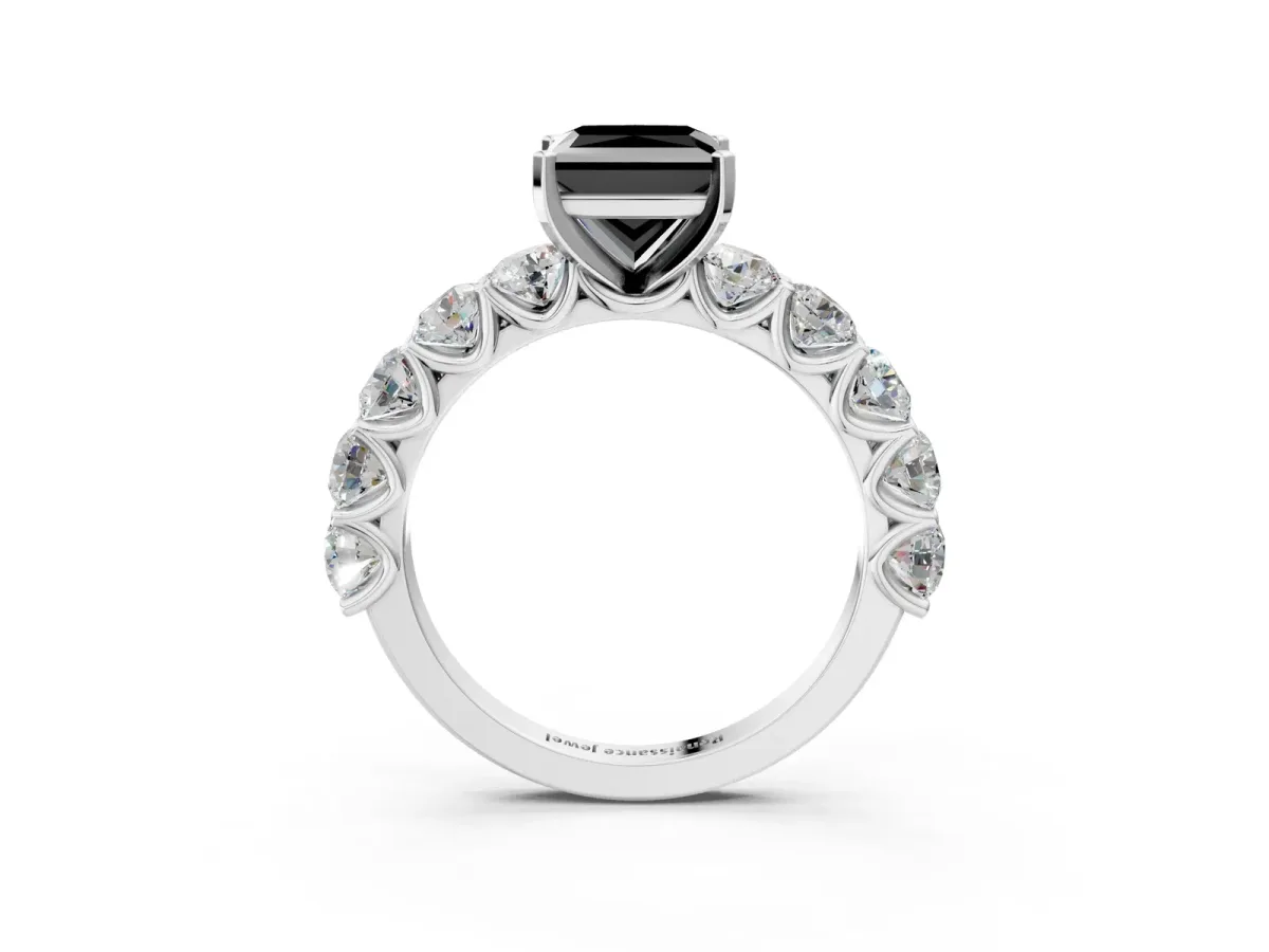 Fancy Black Princess Cut Diamond Prong Setting with Side Stones on a Pave Band Silver