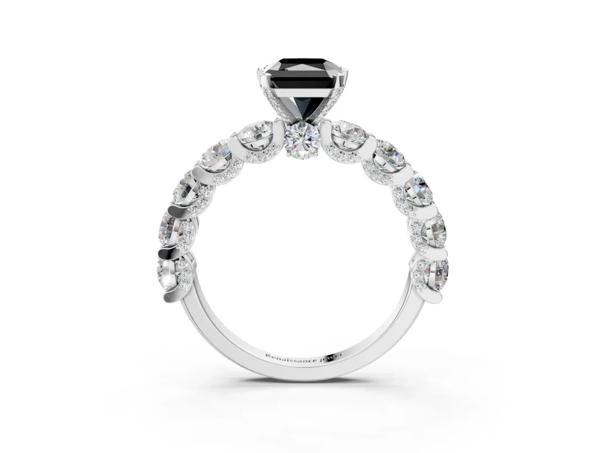 Fancy Black Radiant Cut Diamond Side Stone Engagement Ring with Four-Prong Setting White gold