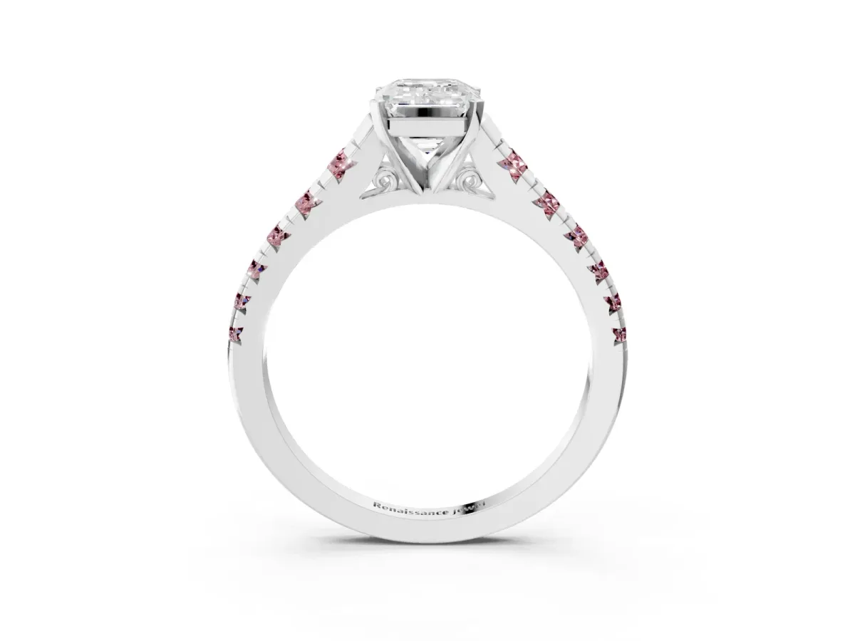 Emerald Cut Diamond Cathedral Solitaire Ring with Round Morganite Pavé Band Silver