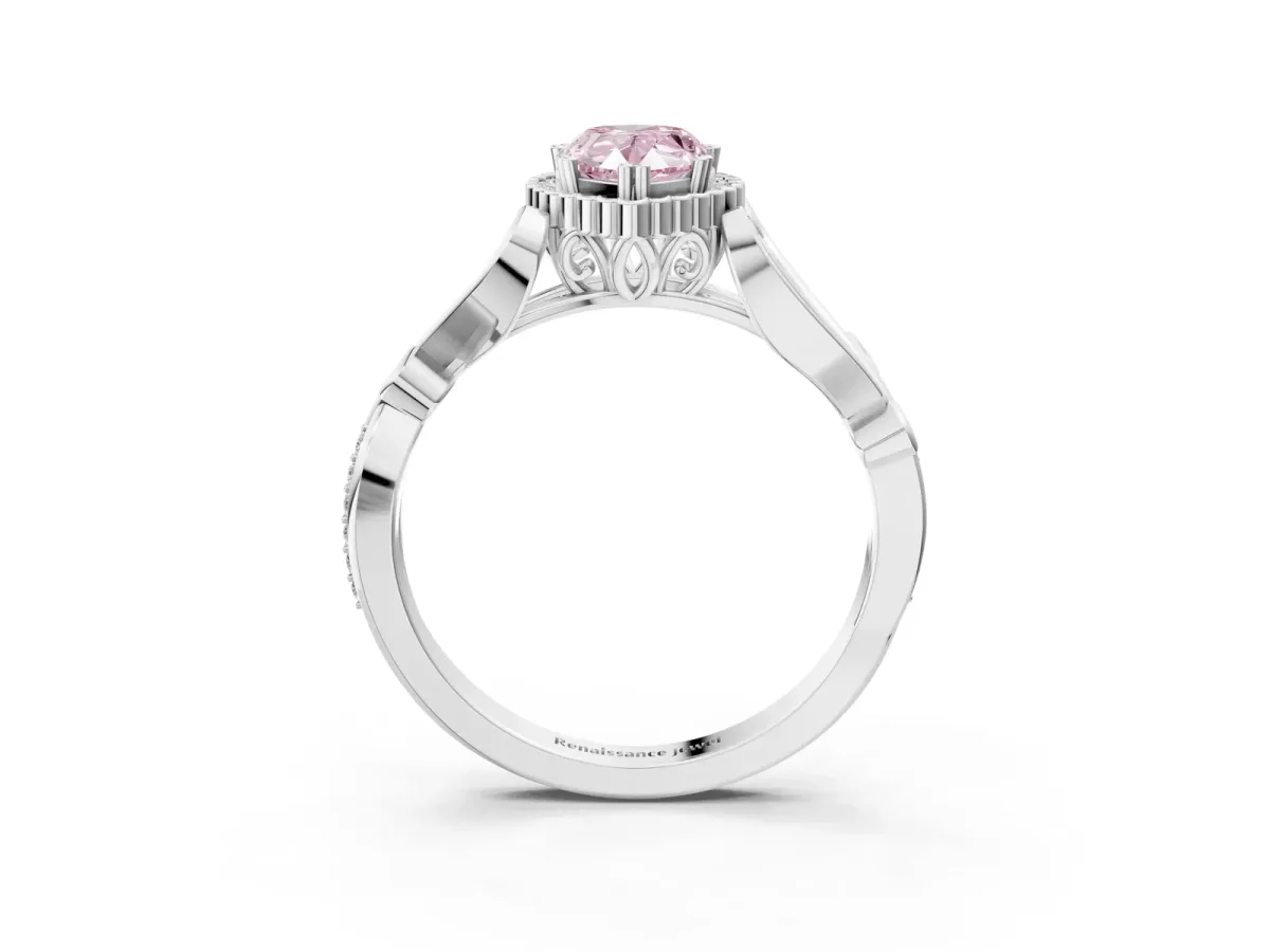 Fancy Pink Pear Cut Diamond Halo Ring with Vintage Split Shank and Four-Prong Setting Platinum