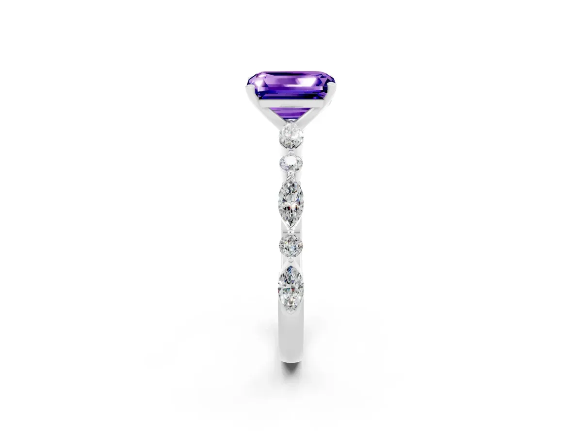 Emerald Cut Tanzanite Ring with Marquise and Round Side Stones and Four-Prong Setting Silver