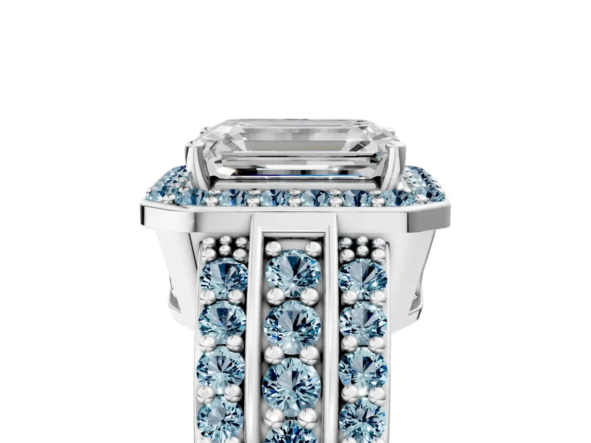 Emerald Cut Halo Diamond Ring with Round Aquamarine Split Shank and Prong Setting Silver