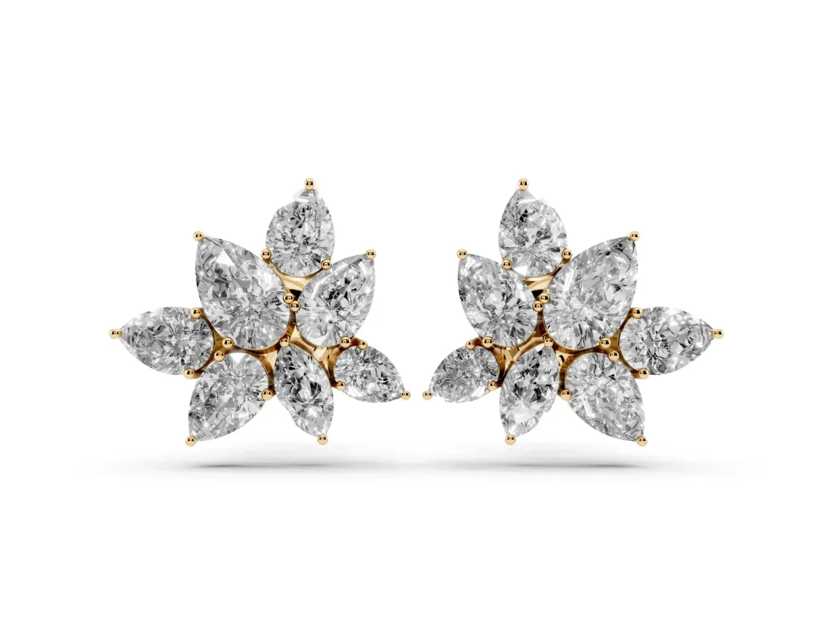 Pear and Marquise Diamond Floral Cluster Stud Earrings Yellow gold