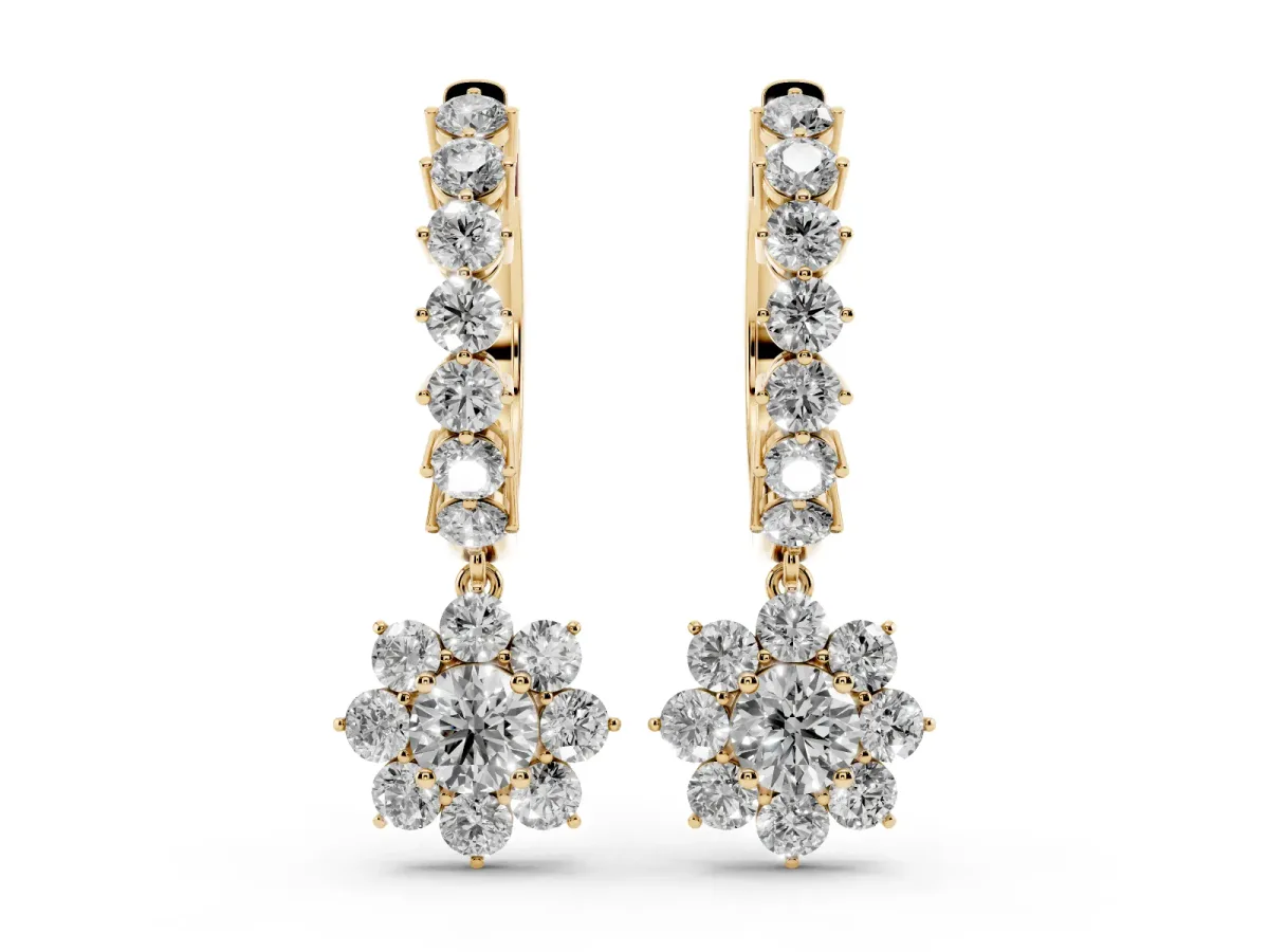 Round Diamond Petite Hoop Earrings with Sunflower Drop Yellow gold