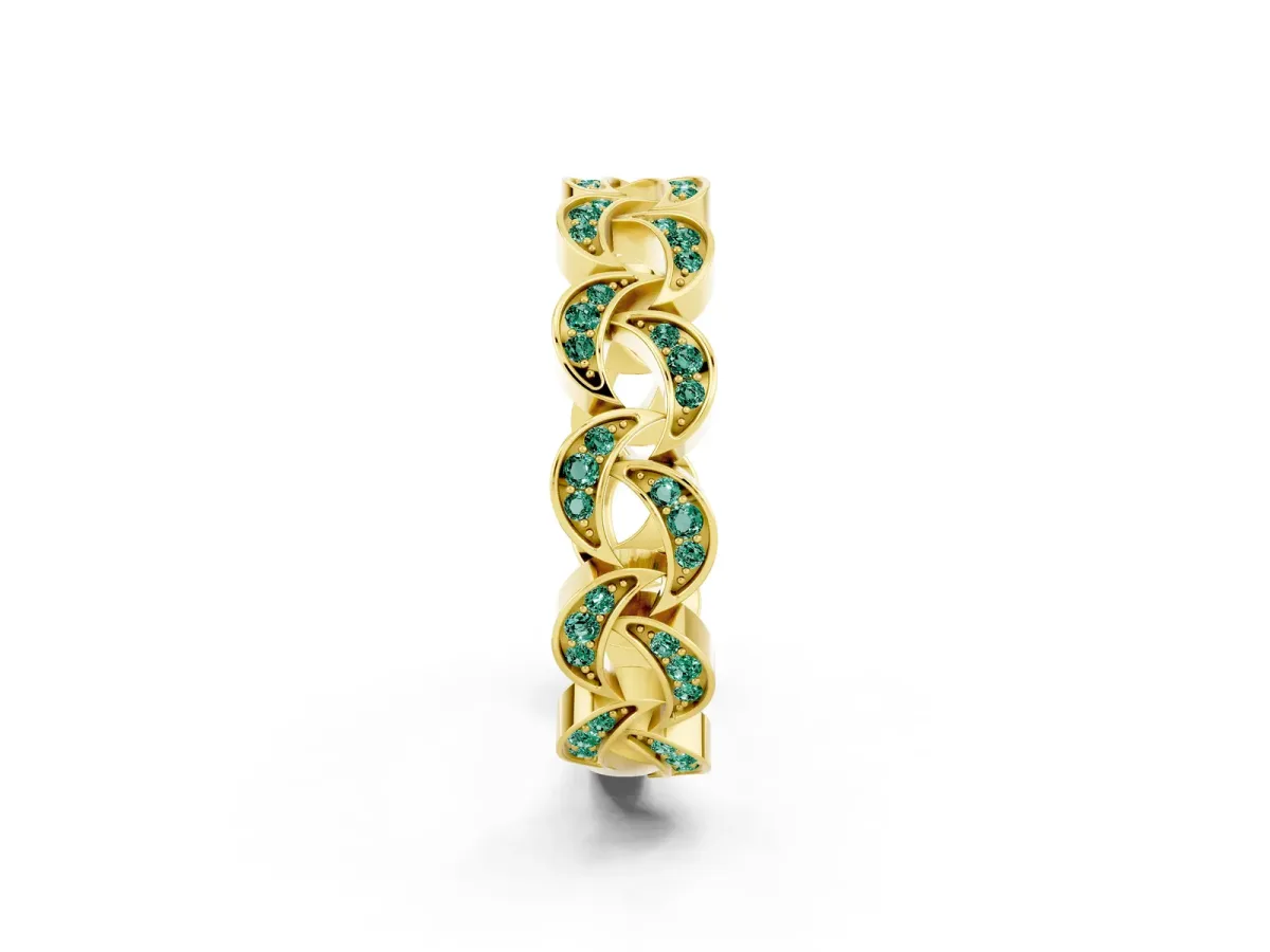 Pavé Round Green Sapphire Interlocking Eternity Band with Bezel Prong Setting Yellow gold