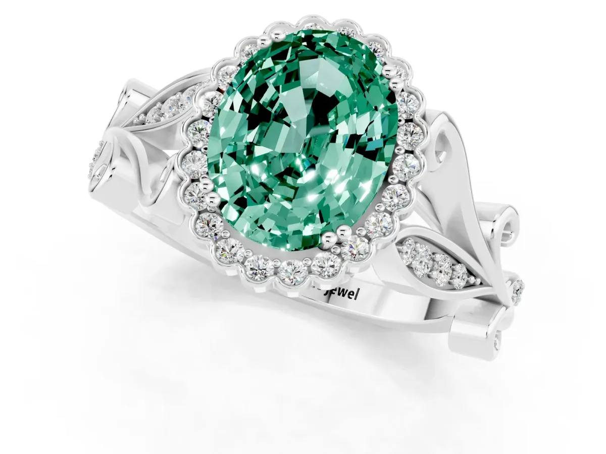 Oval Cut Green Sapphire Halo Ring with Vintage Split Shank and Four-Prong Setting Silver