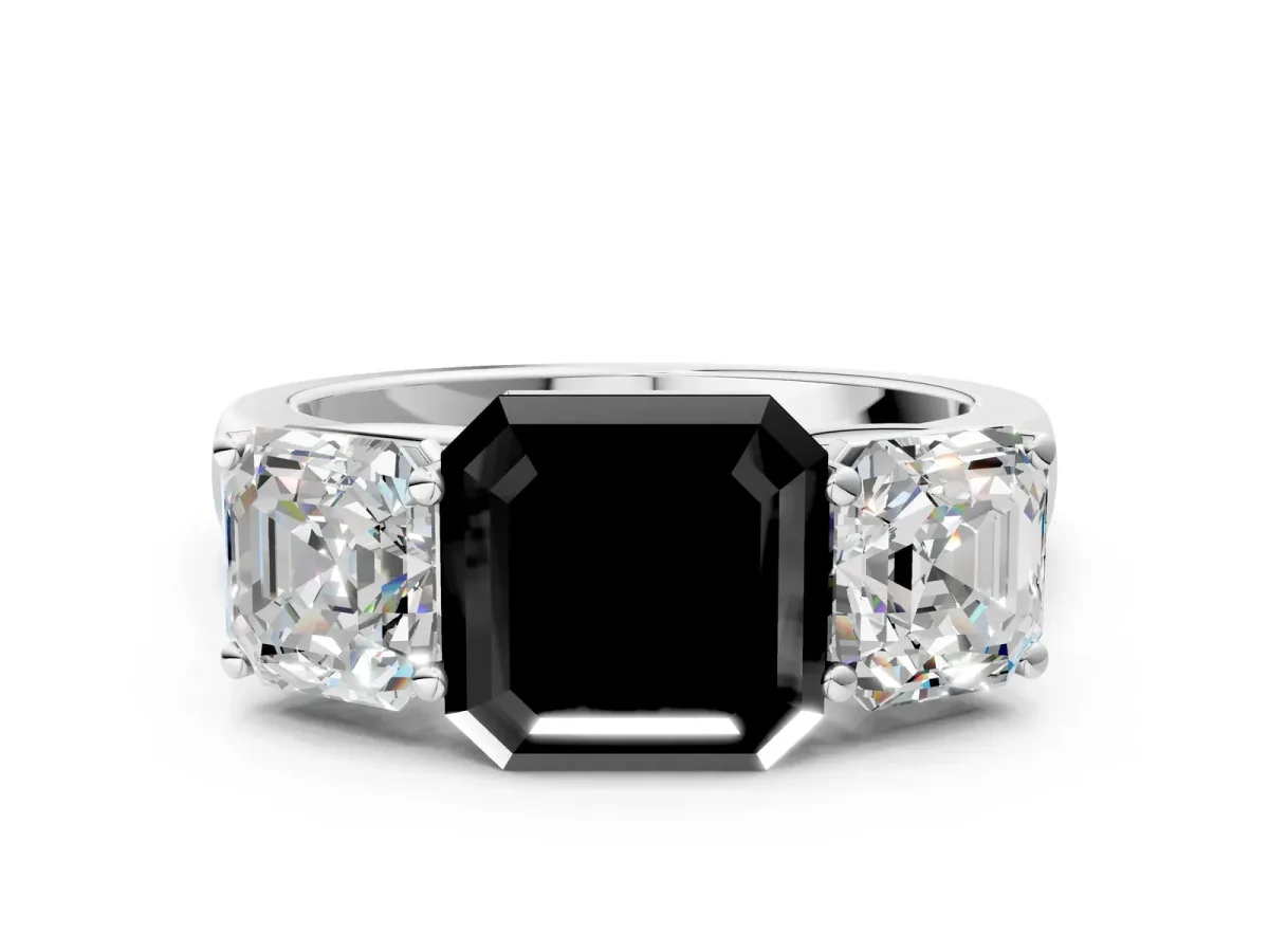 Fancy Black Asscher Cut Three-Stone Diamond Ring with Prong Setting on a Classic Band Platinum