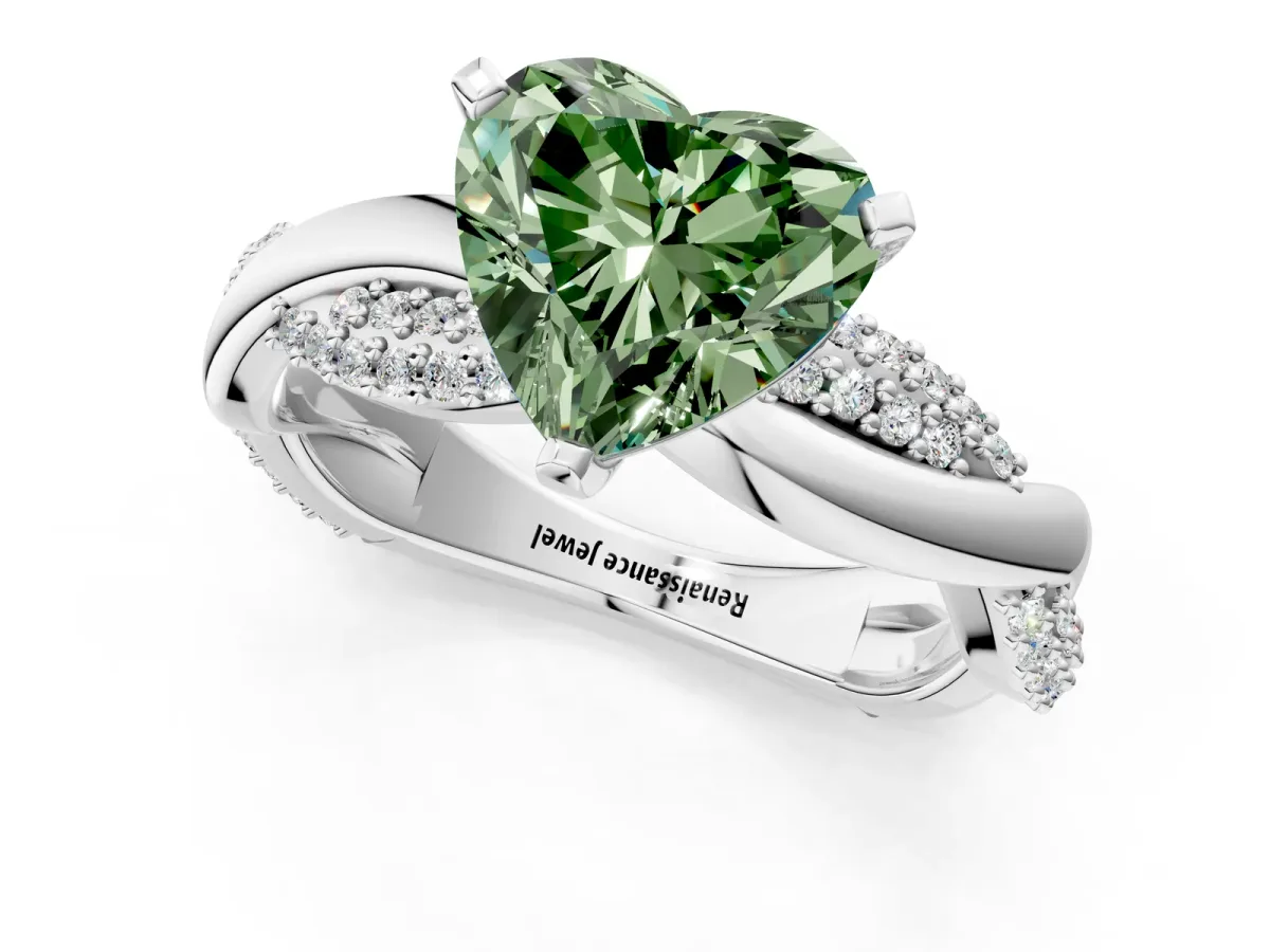 Fancy Green Heart Cut Solitaire Twist Band with Pave Prong Setting Platinum