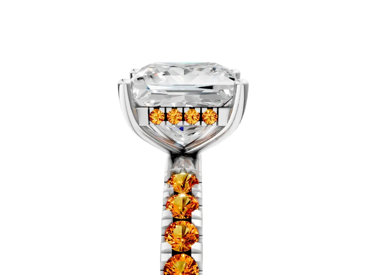 Princess Cut Diamond Pave Band Solitaire Ring with Round Citrine and Prong Setting Platinum