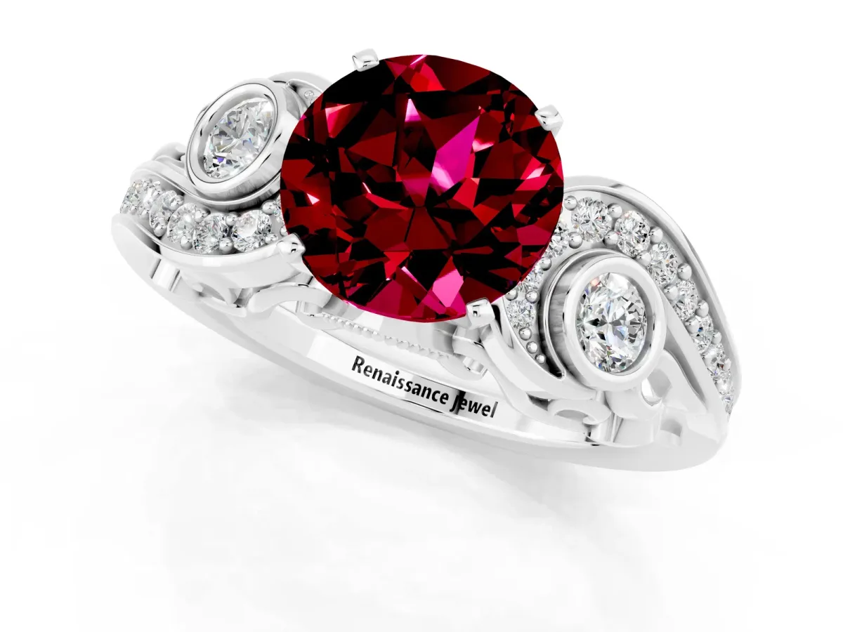 Round Cut Garnet Solitaire Ring with Milgrain Pavé Band and Four-Prong Setting Silver