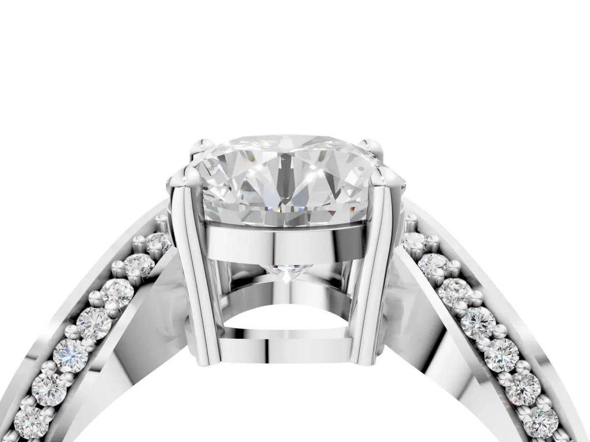 Round Cut Solitaire Diamond Engagement Ring with Pave Band and Four-Prong Setting Platinum