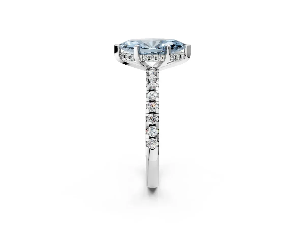Fancy Blue Marquise Cut Diamond Solitaire Ring with Round Pavé Band and Four-Prong Setting Silver