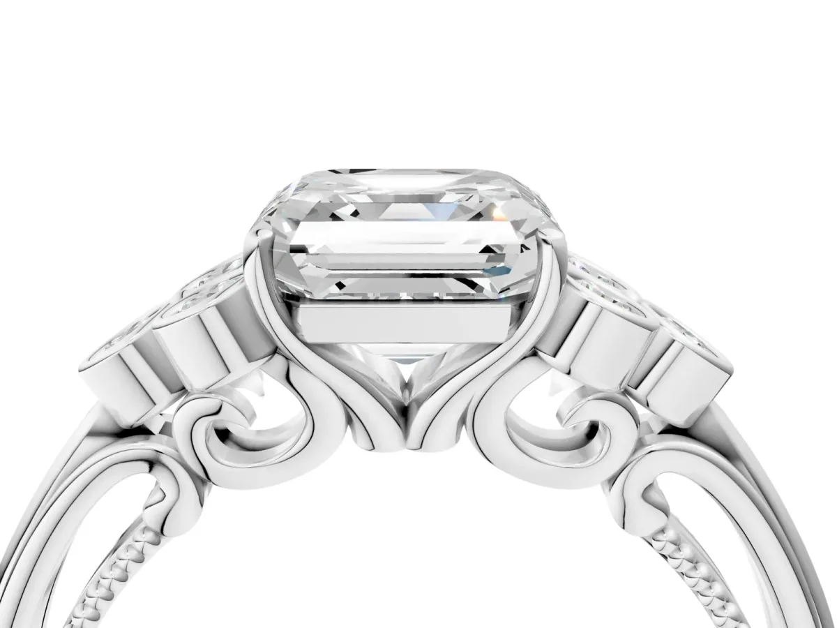 Asscher Cut Cut Diamond Engagement Ring with Bezel Set Round Side Stones and Prong Setting Platinum