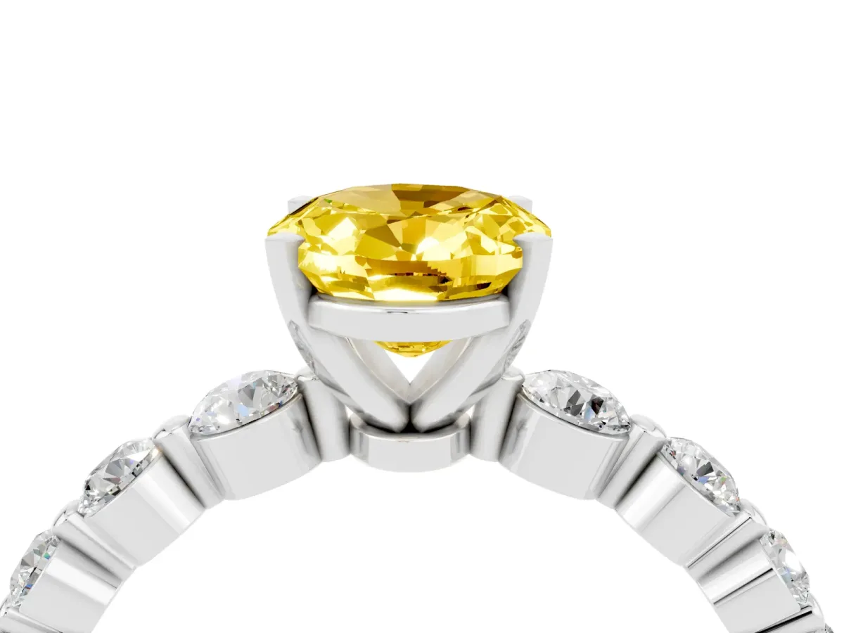Oval Cut Solitaire Yellow Sapphire Ring with Pave Band and Four-Prong Setting Silver