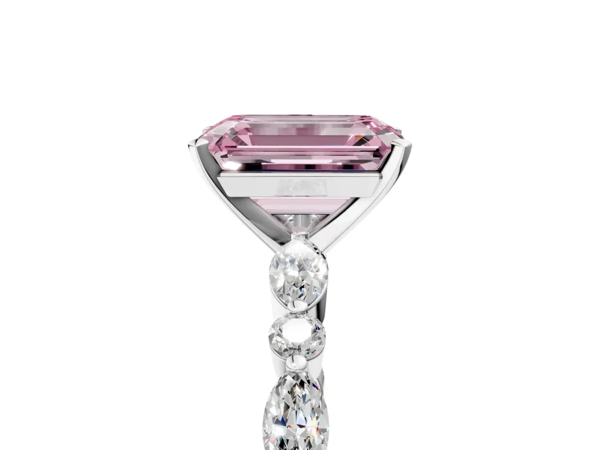 Fancy Pink Emerald Cut Diamond Ring with Marquise and Round Side Stones and Four-Prong Setting Silver