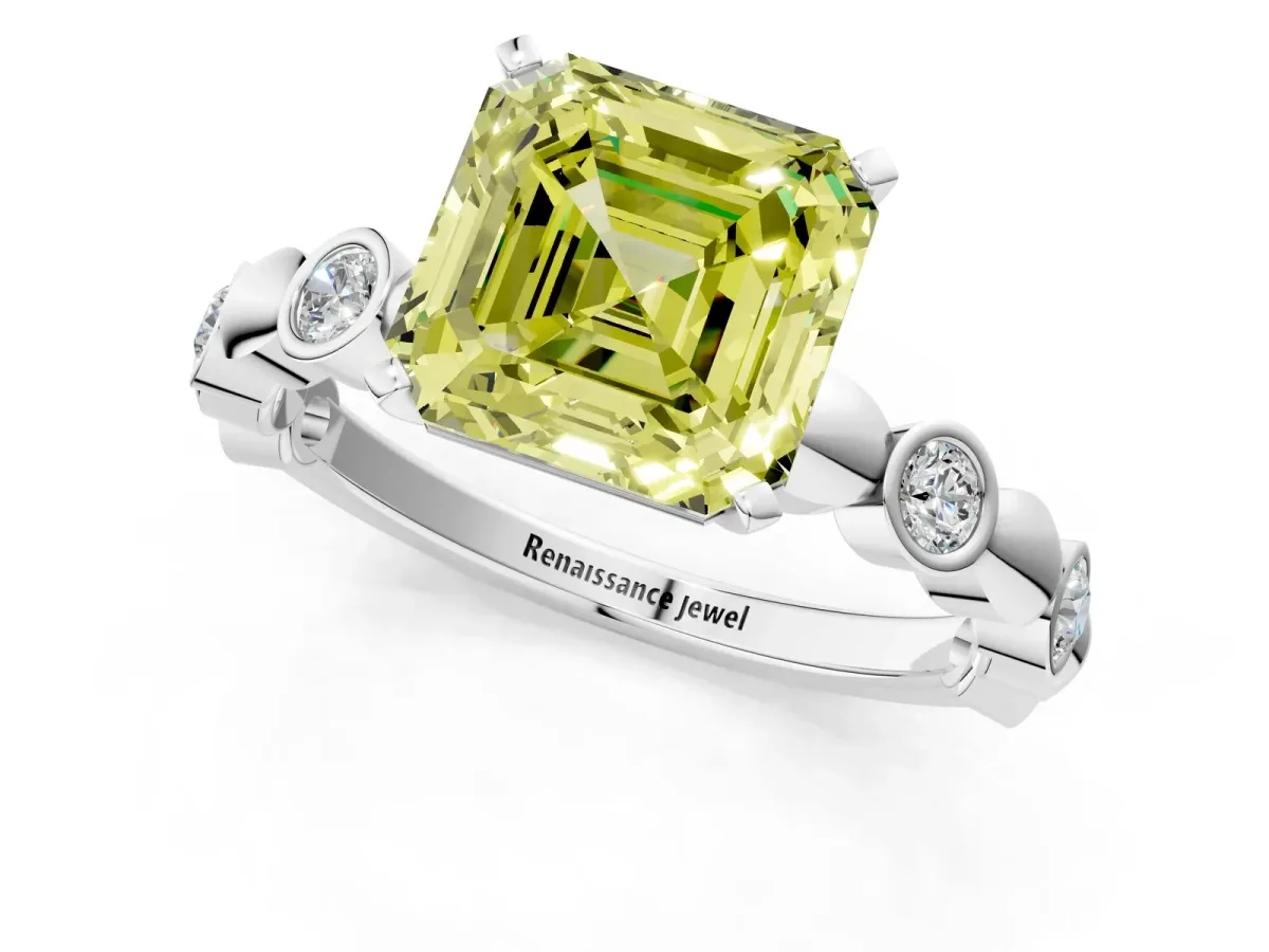 Fancy Yellow Asscher Cut Solitaire Bezel-Set Diamond Ring with Beaded Band and Four-Prong Setting Platinum