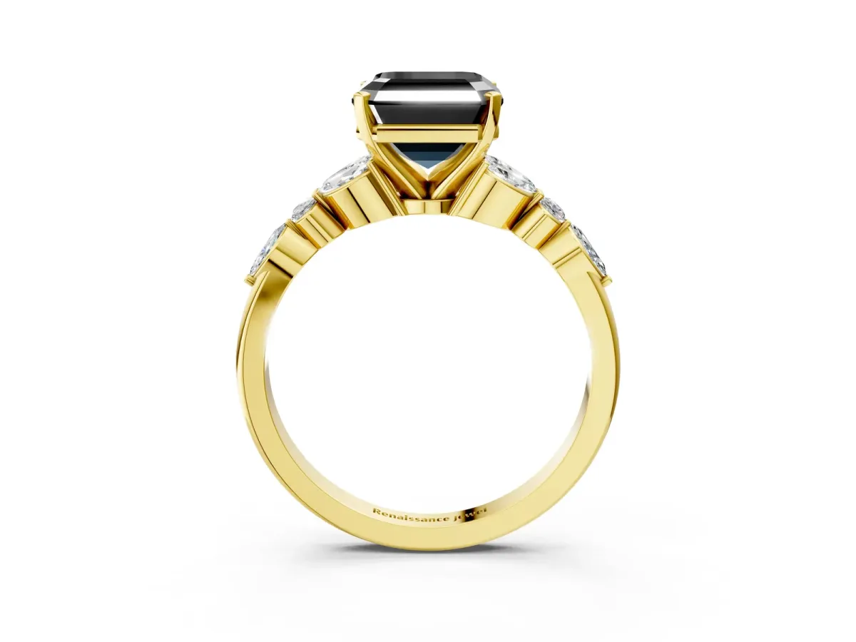 Fancy Black Asscher Cut Diamond Solitaire Ring with Side Stones and Four-Prong Setting Yellow gold