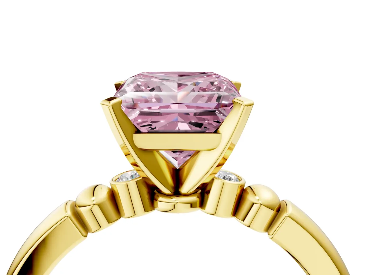 Fancy Pink Princess Cut Solitaire Beaded Band with Four-Prong Setting Yellow gold