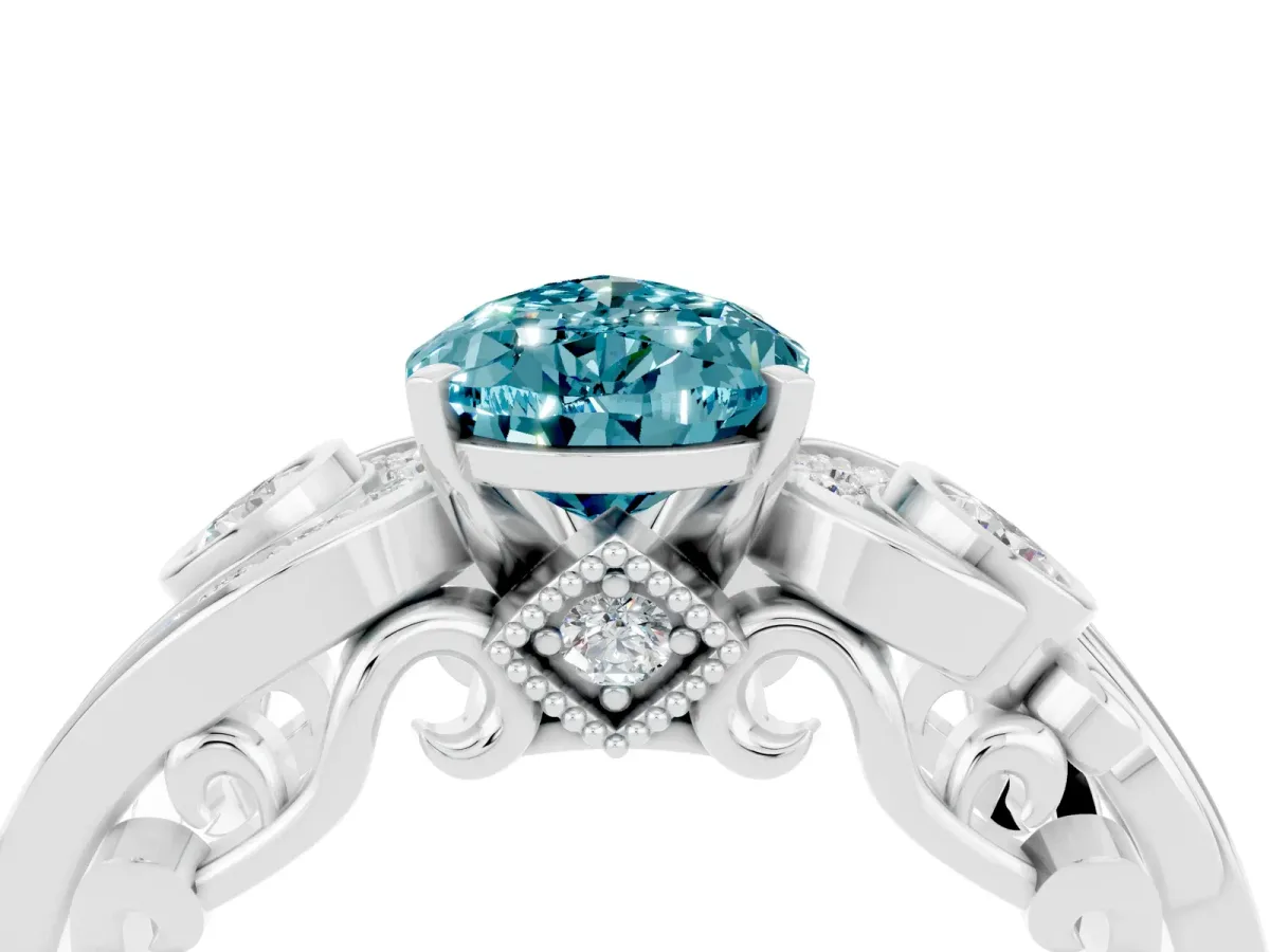 Pear Cut Blue Topaz Solitaire Ring with Milgrain Pavé Band and Four-Prong Setting Silver