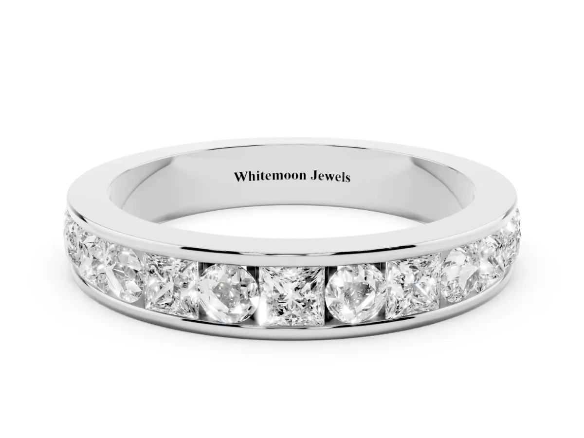 Princess Diamond Channel Set Promise Ring with Round Diamond Accents White gold