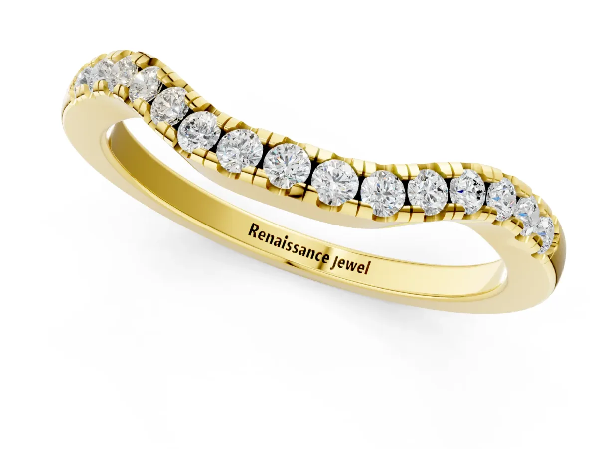 Round Diamond Curved Pavé Wedding Band with U-Prong Setting Yellow gold