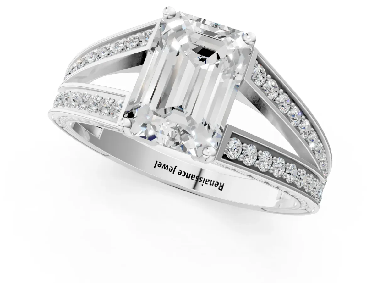 Emerald Cut Diamond Split Shank Ring with Pavé Band and Four-Prong Setting White gold
