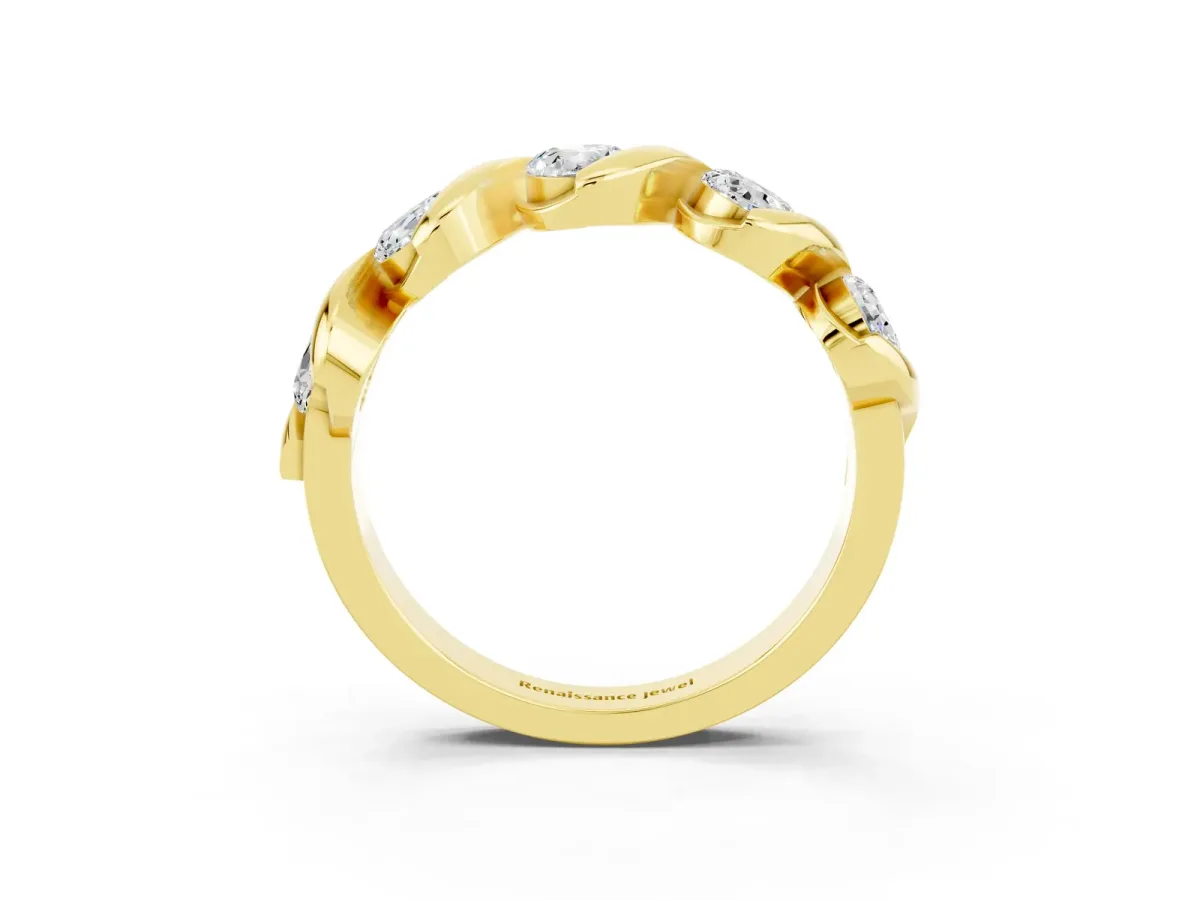 Round Moissanite Wave Band with Channel Setting and Shared Prongs Yellow gold