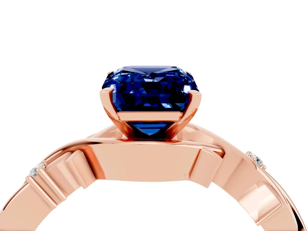 Emerald Cut Blue Sapphire Solitaire Ring with Twisted Band and Prong Setting Rose gold