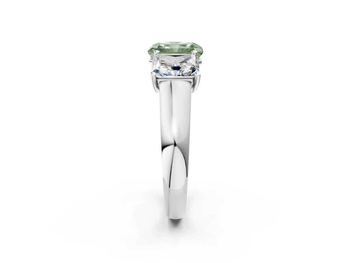 Fancy Green Radiant Cut Three-Stone Diamond Ring with Prong Setting on a Classic Band Platinum
