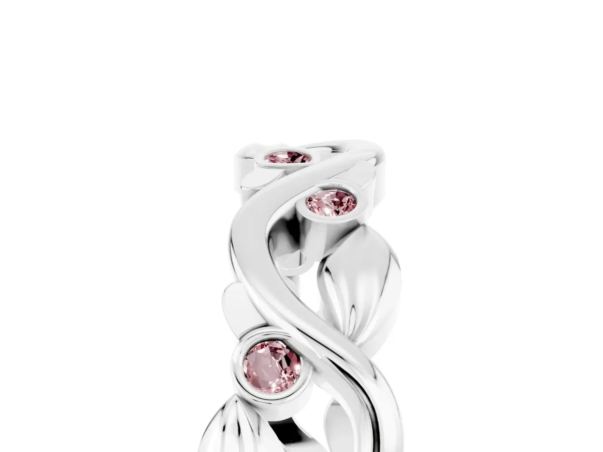 Round Morganite Leaf Eternity Band with Bezel Setting White gold