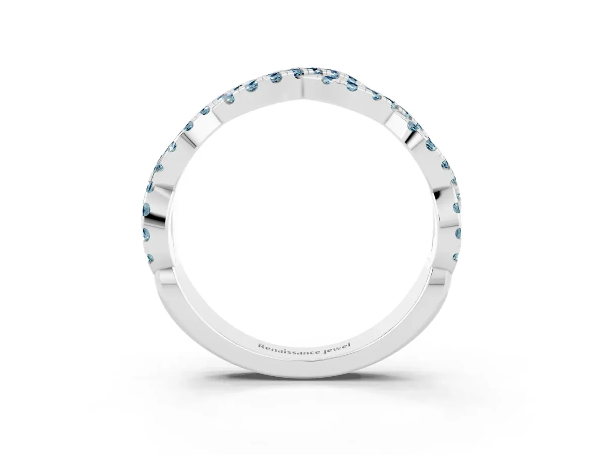 Round Aquamarine Twisted Eternity Band with Pavé and Shared Prong Setting Silver