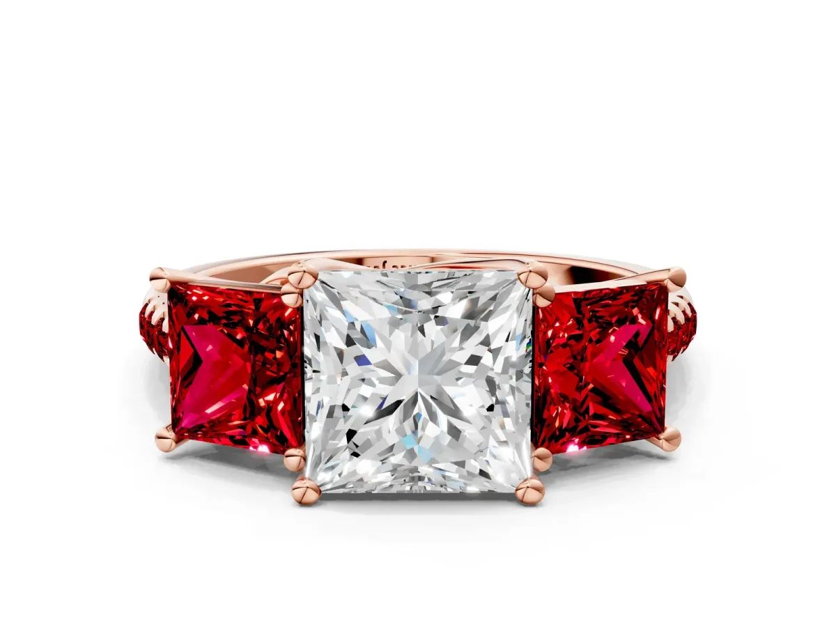 Three-Stone Princess Cut Diamond Ring with Round Ruby Pavé Band and Prong Setting Rose gold