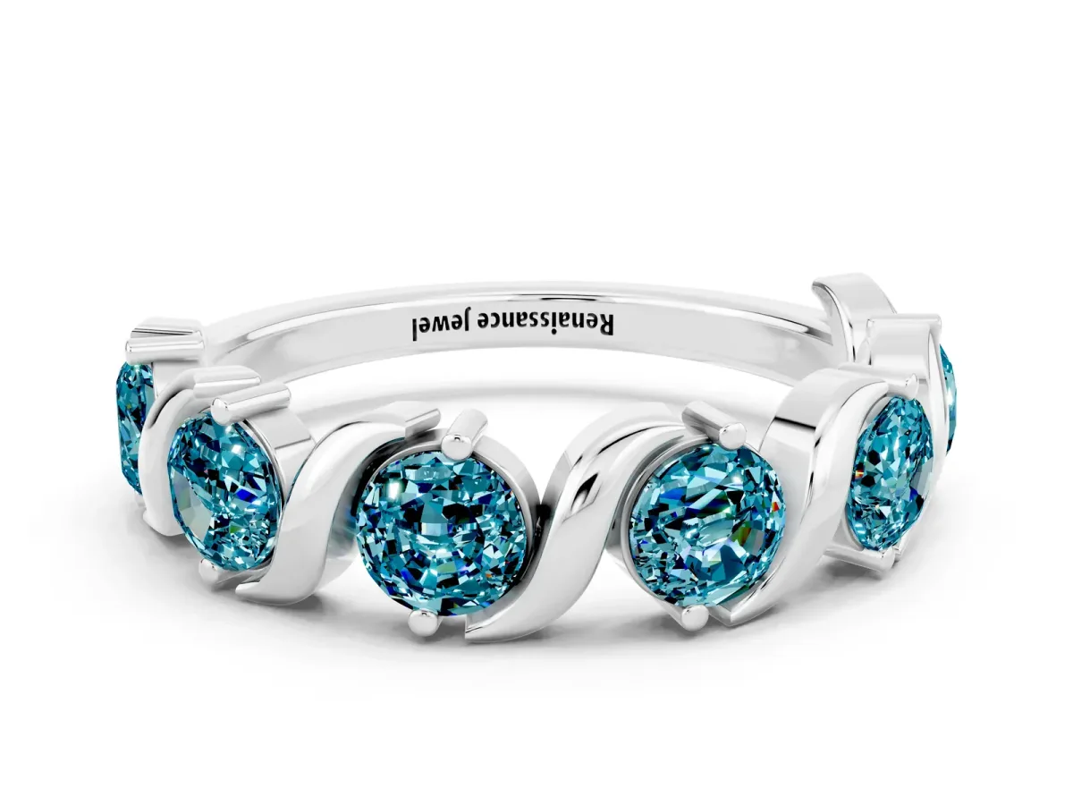 Six-Stone Round Blue Topaz Wave Band with Shared Prong Setting White gold