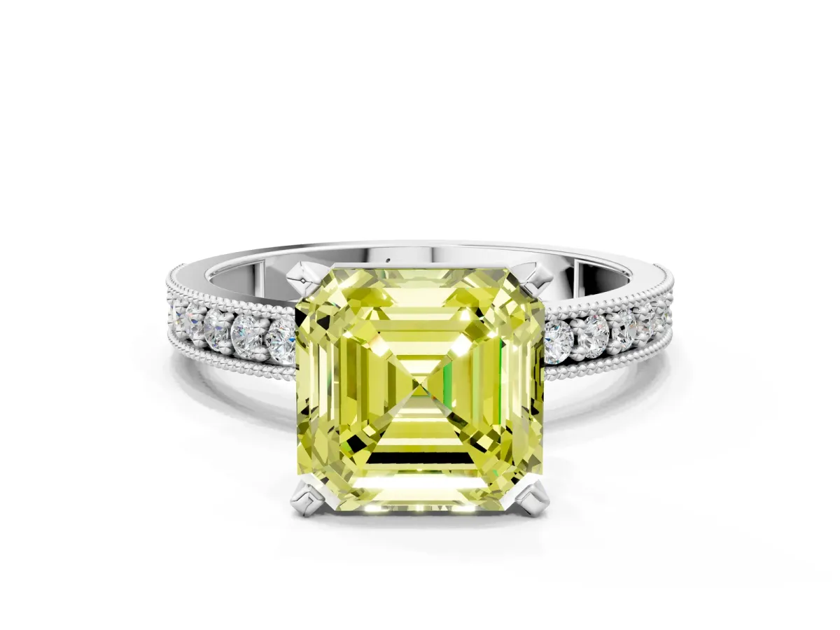 Fancy Yellow Asscher Cut Diamond Milgrain Pavé Engagement Ring with Four-Prong Setting Platinum