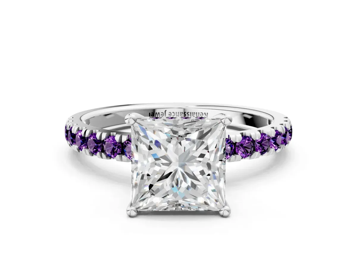Princess Cut Diamond Pave Band Solitaire Ring with Round Amethyst and Prong Setting Silver